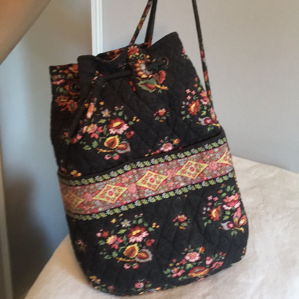 Vera Bradley Two Piece Set: Brown Drawstring Backpack And Matching Makeup Pouch.